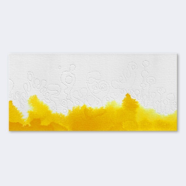 Eine Karte namens "Yellow-1" der Bildreihe CMY verbindet Prägungen mit Farbe - reinweiße Phantasiepflanzen genährt von einem dottergelbem Farbmeer.